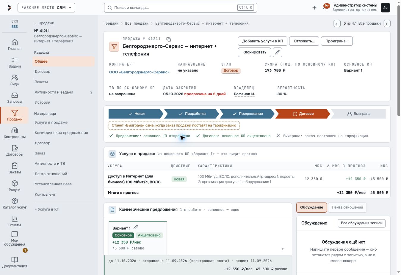 Рабочий интерфейс CRM «Гиперплана»: карточка продажи с этапами, платежами и вариантами коммерческого предложения.